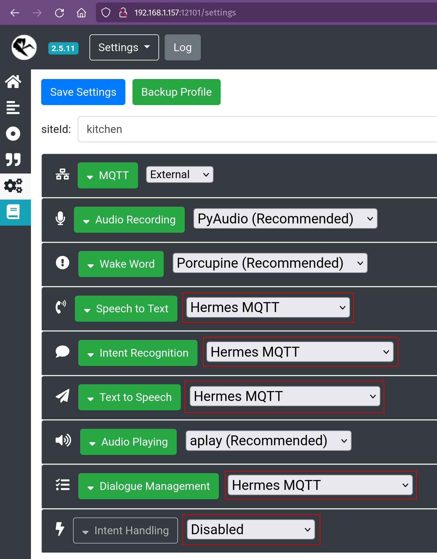 the rest of the Rhasspy Settings set to Hermes MQTT and Intent Handling set to disabled