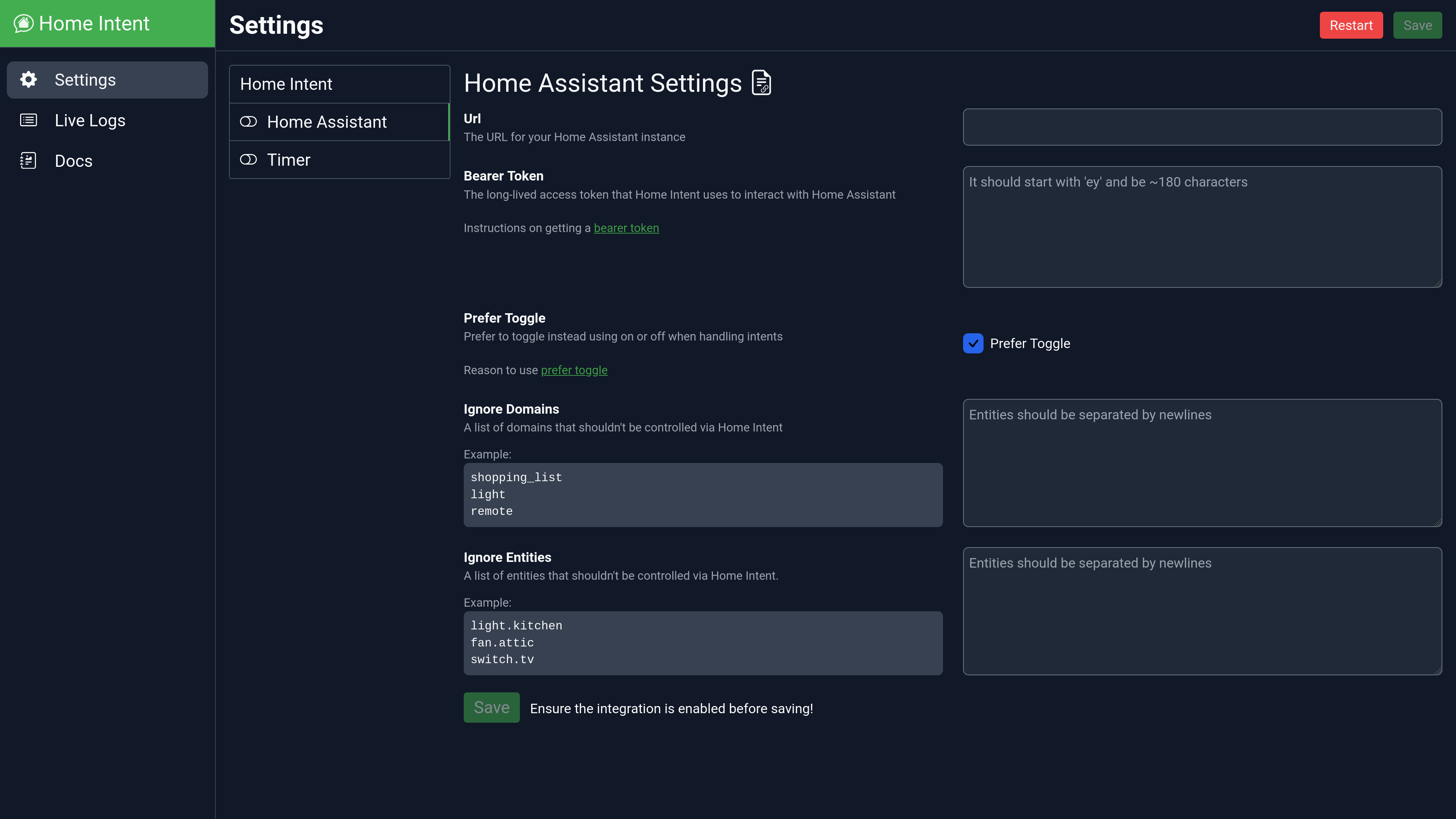 Home Assistant Settings